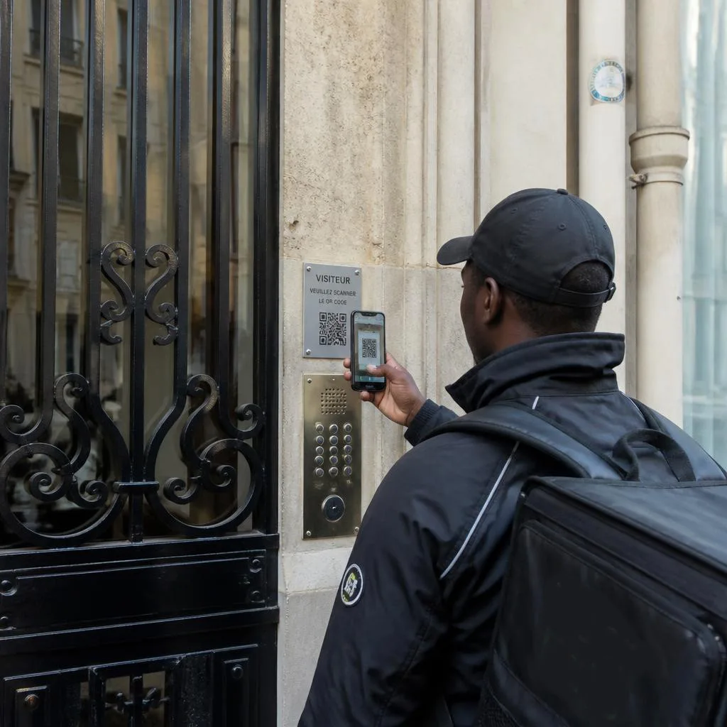 A courier scanning the Tinklee QR code at a gated building entrance