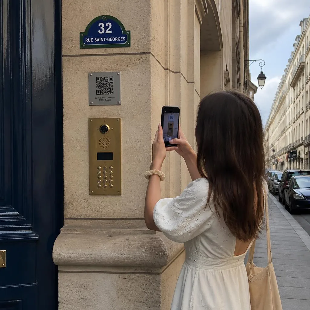 A resident calling a neighbour by scanning the QR plate on a Paris doorway