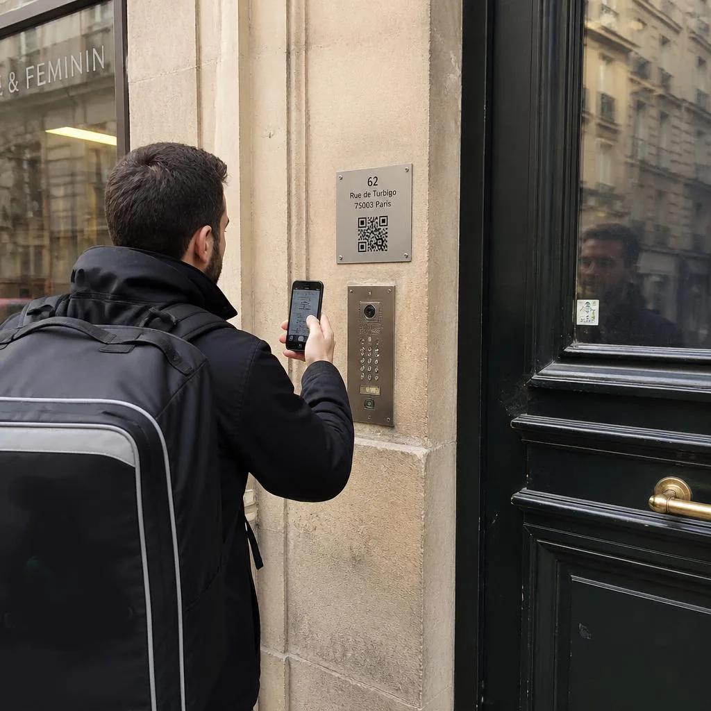 A visitor with a suitcase ringing a flat from the QR code beside the door