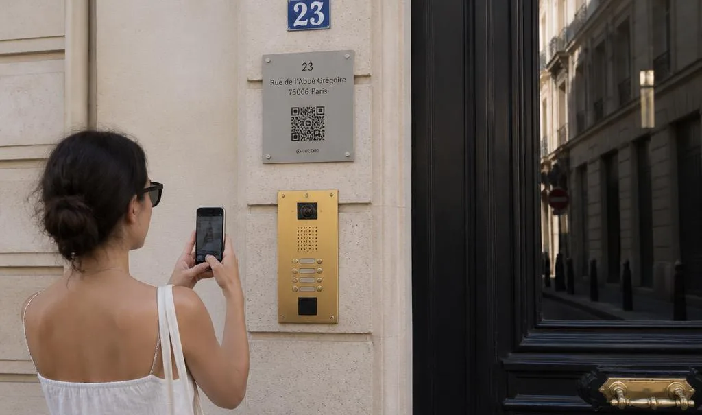A visitor scanning the Tinklee QR plate next to a building intercom