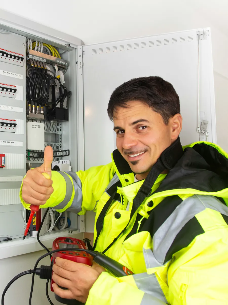 An electrician at an open consumer unit, giving a thumbs up
