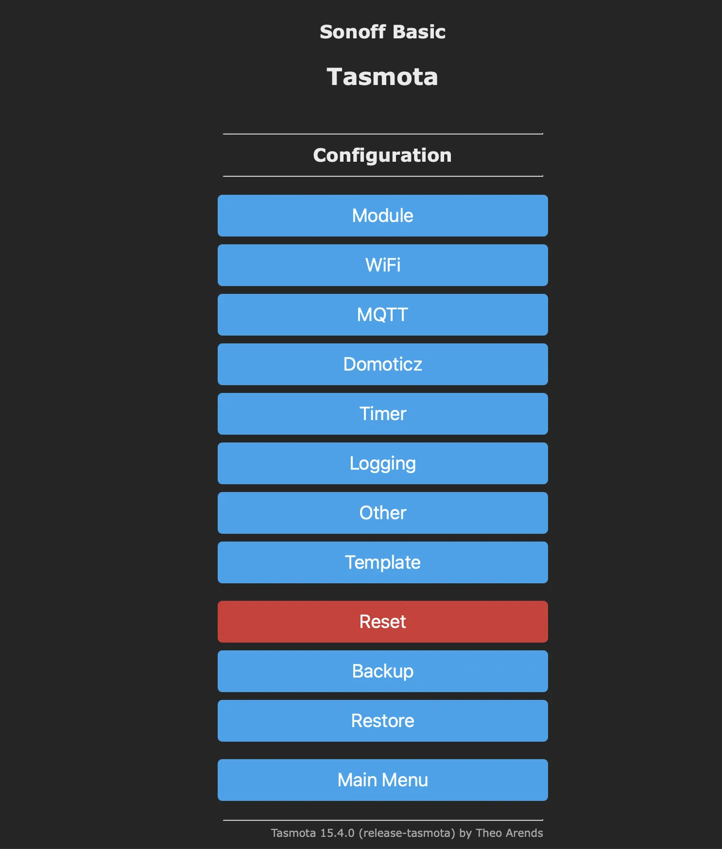Tasmota main menu