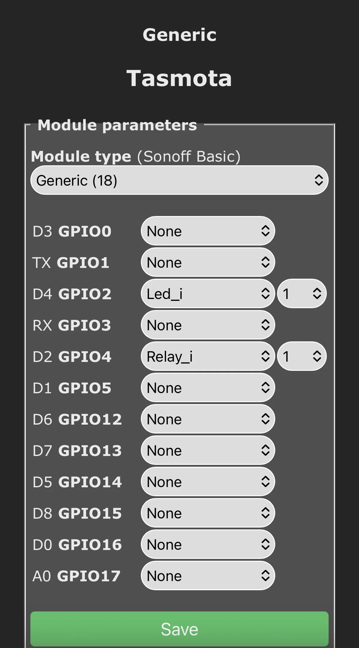 Tasmota ESP12F module GPIO configuration
